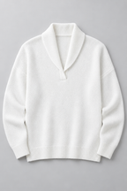 Ribbed Knit Sweater – Relaxed V-Neck Long Sleeve — White