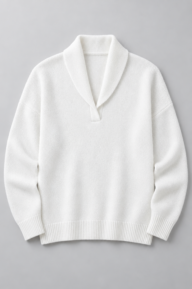 Ribbed Knit Sweater – Relaxed V-Neck Long Sleeve — White
