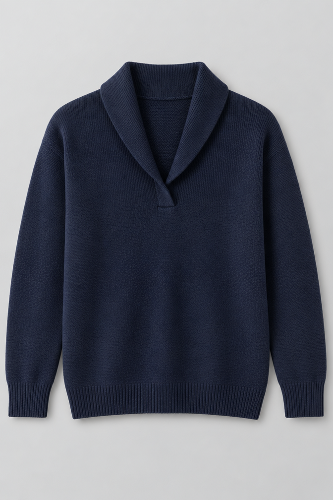 Ribbed Knit Sweater – Relaxed V-Neck Long Sleeve — Blue