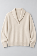Ribbed Knit Sweater – Relaxed V-Neck Long Sleeve — Cream
