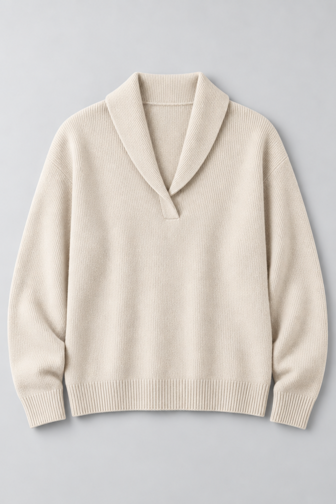 Ribbed Knit Sweater – Relaxed V-Neck Long Sleeve — Cream