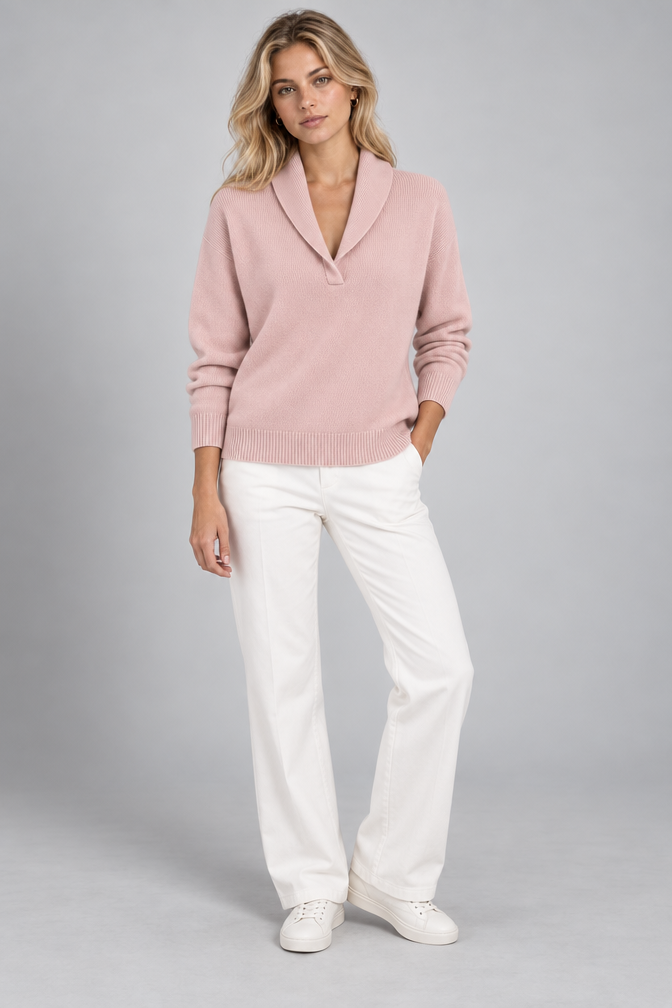 Ribbed Knit Sweater – Relaxed V-Neck Long Sleeve — Pink