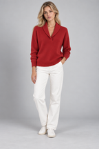 Ribbed Knit Sweater – Relaxed V-Neck Long Sleeve — Red