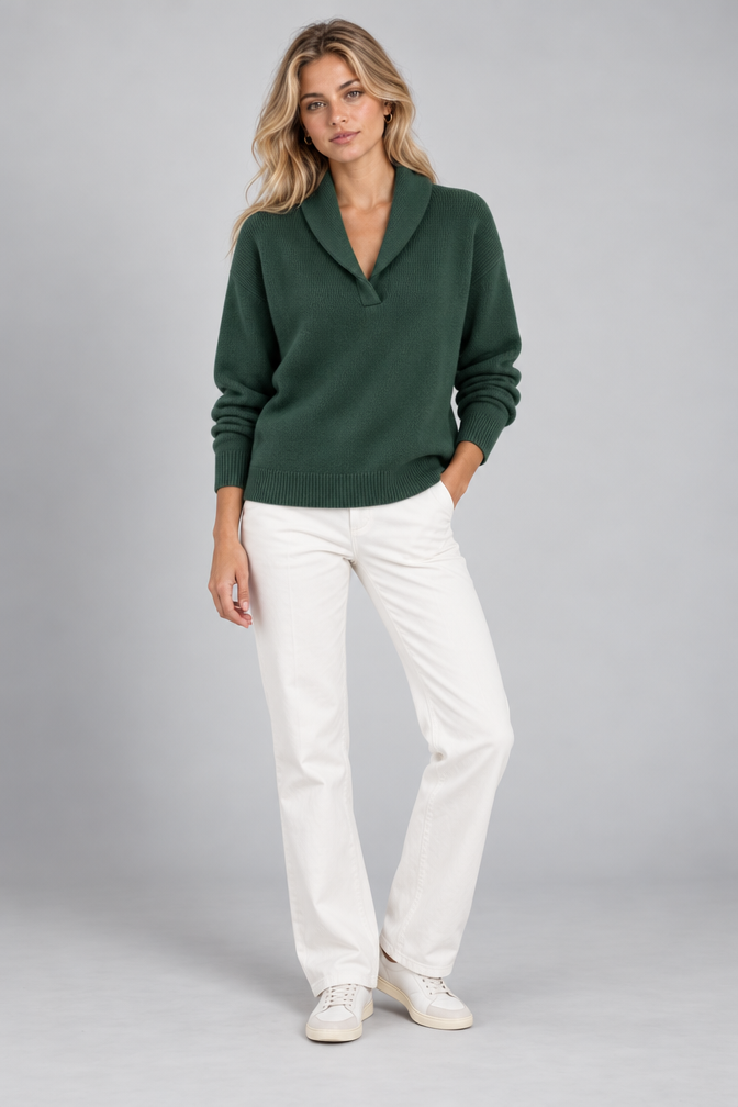 Ribbed Knit Sweater – Relaxed V-Neck Long Sleeve — Green