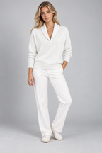 Ribbed Knit Sweater – Relaxed V-Neck Long Sleeve — White