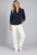 Ribbed Knit Sweater – Relaxed V-Neck Long Sleeve — Blue