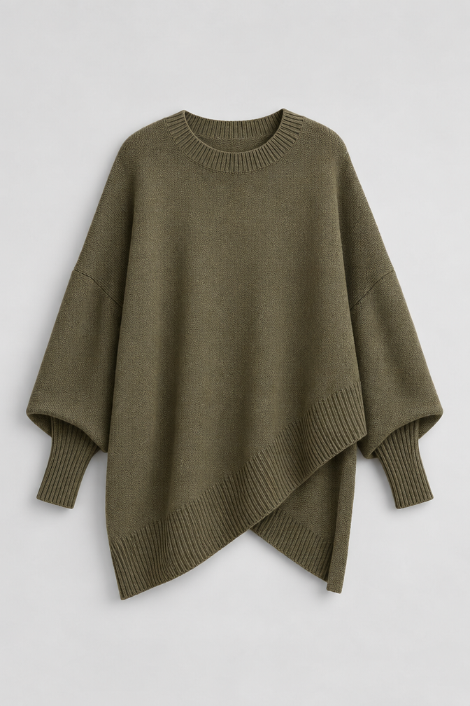 Cashmere Sweater – Oversized Batwing Asymmetric Hem — Olive Green