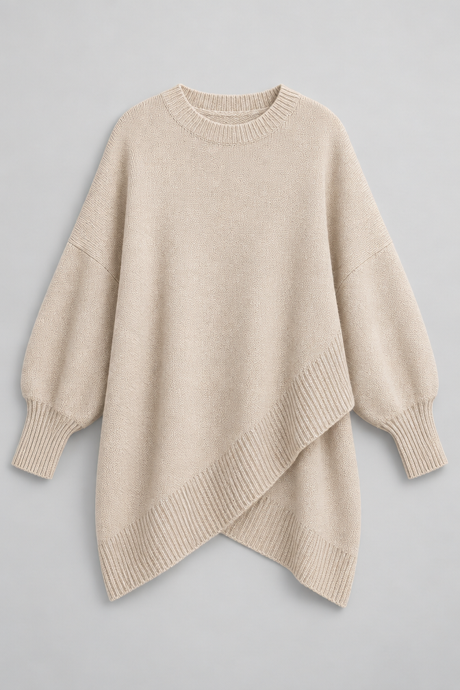 Cashmere Sweater – Oversized Batwing Asymmetric Hem — Beige