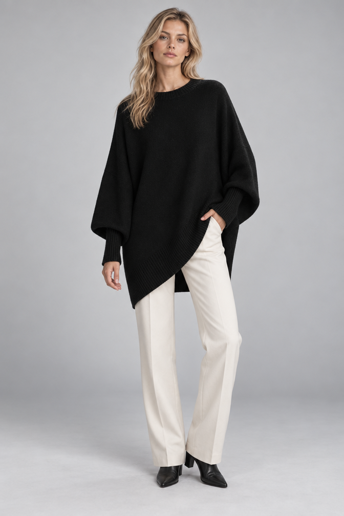Cashmere Sweater – Oversized Batwing Asymmetric Hem — Black