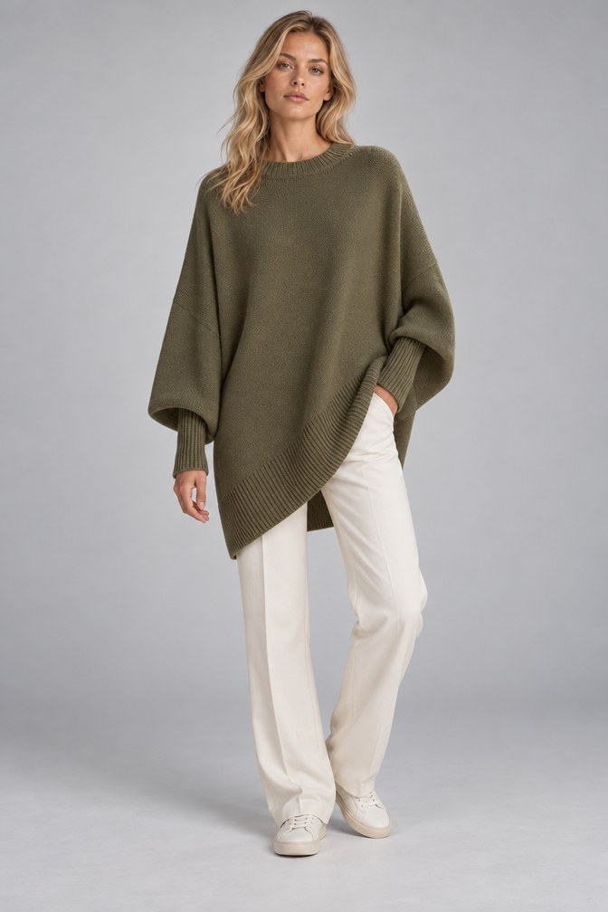 Cashmere Sweater – Oversized Batwing Asymmetric Hem — Olive Green