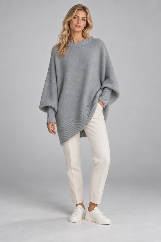 Cashmere Sweater – Oversized Batwing Asymmetric Hem — Gray