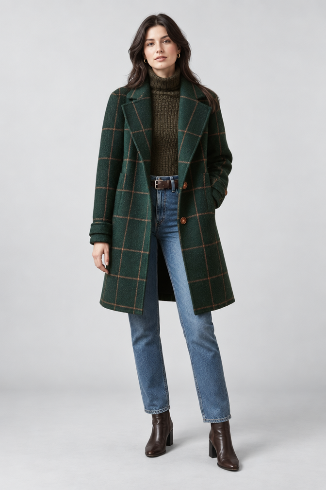 Green Wool Coat – Women's Green Checked Wool-Blend Coat