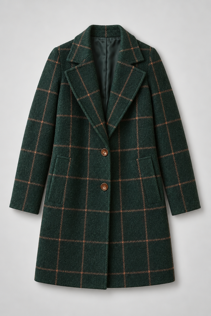 Green Wool Coat – Women's Green Checked Wool-Blend Coat