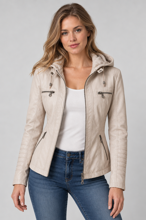 Arden – Women's Leather-Look Hooded Zip Jacket — Beige