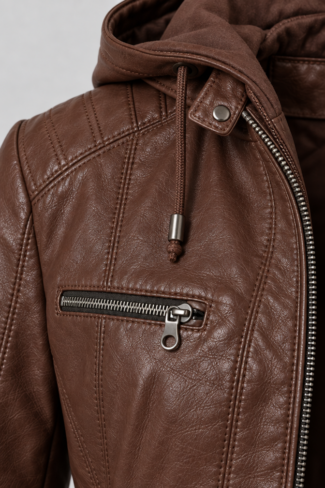 Arden – Women's Leather-Look Hooded Zip Jacket — Coffee