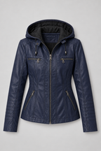 Arden – Women's Leather-Look Hooded Zip Jacket — Navy Blue
