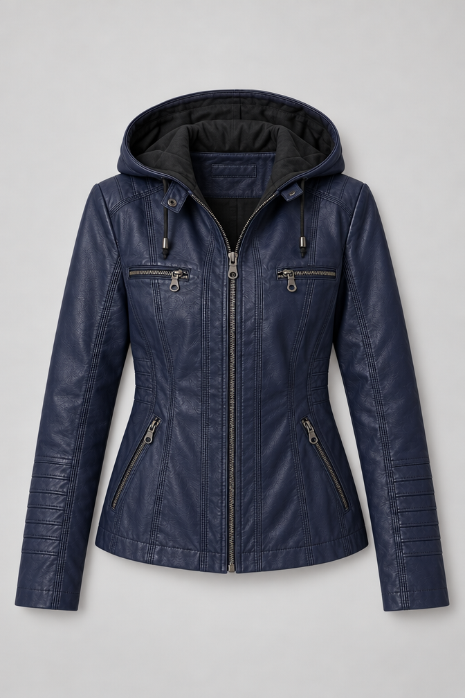 Arden – Women's Leather-Look Hooded Zip Jacket — Navy Blue