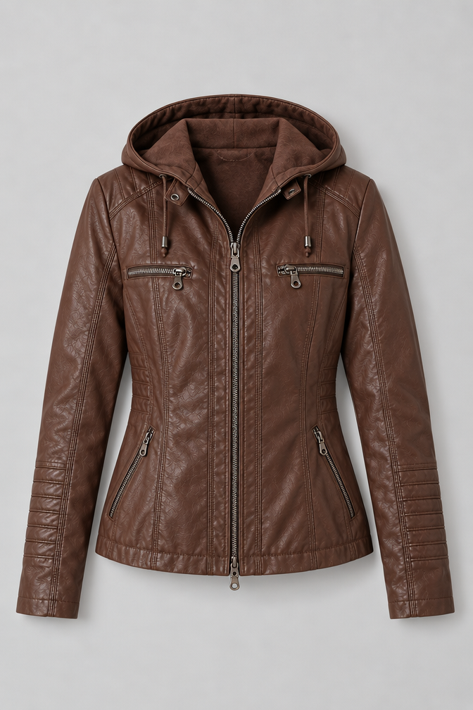 Arden – Women's Leather-Look Hooded Zip Jacket — Coffee