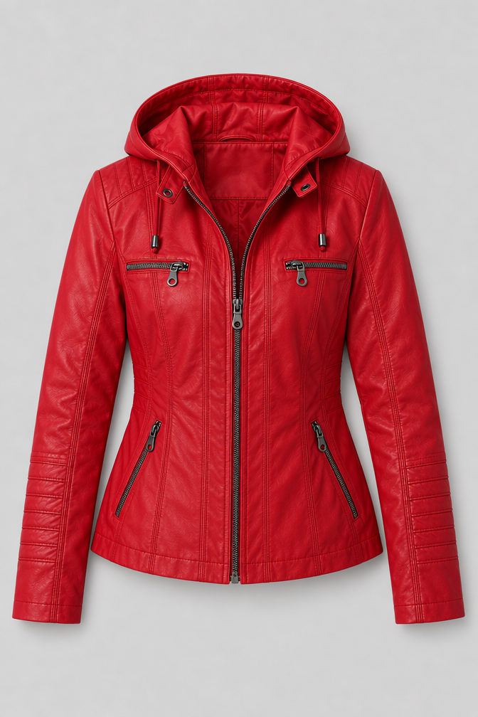 Arden – Women's Leather-Look Hooded Zip Jacket — Red