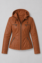 Arden – Women's Leather-Look Hooded Zip Jacket — Camel