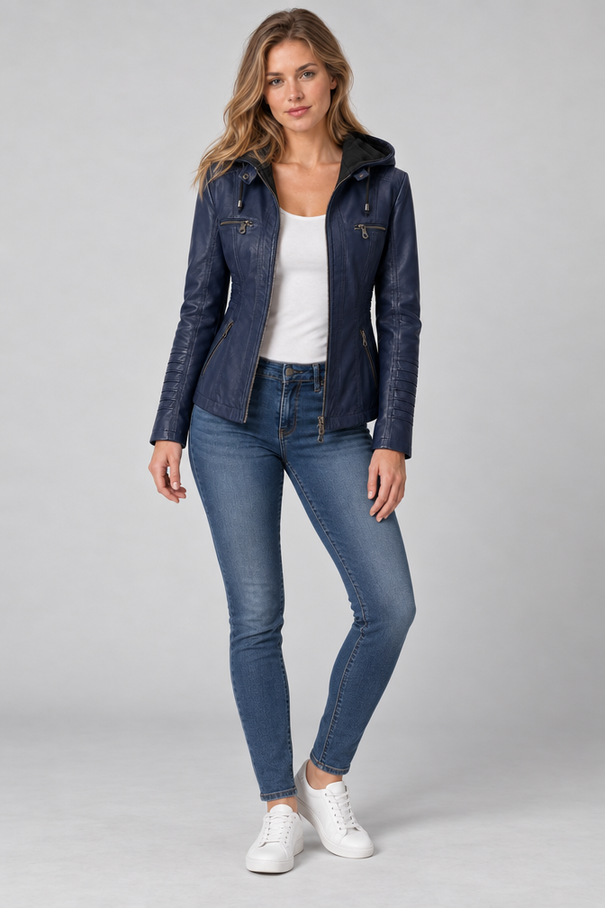 Arden – Women's Leather-Look Hooded Zip Jacket — Navy Blue