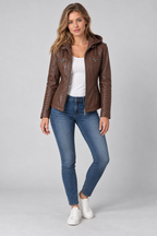 Arden – Women's Leather-Look Hooded Zip Jacket — Coffee