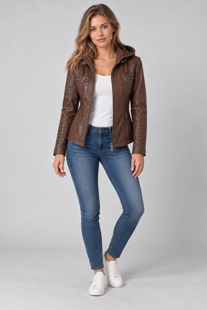 Arden – Women's Leather-Look Hooded Zip Jacket — Coffee