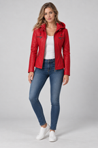 Arden – Women's Leather-Look Hooded Zip Jacket — Red