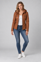 Arden – Women's Leather-Look Hooded Zip Jacket — Camel