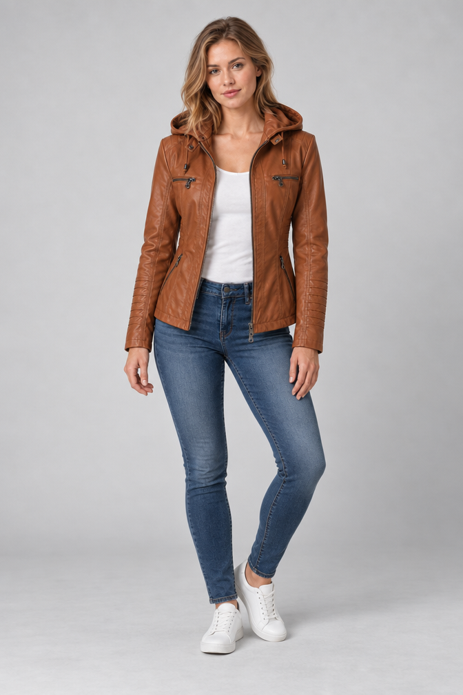 Arden – Women's Leather-Look Hooded Zip Jacket — Camel