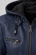 Arden – Women's Leather-Look Hooded Zip Jacket — Navy Blue