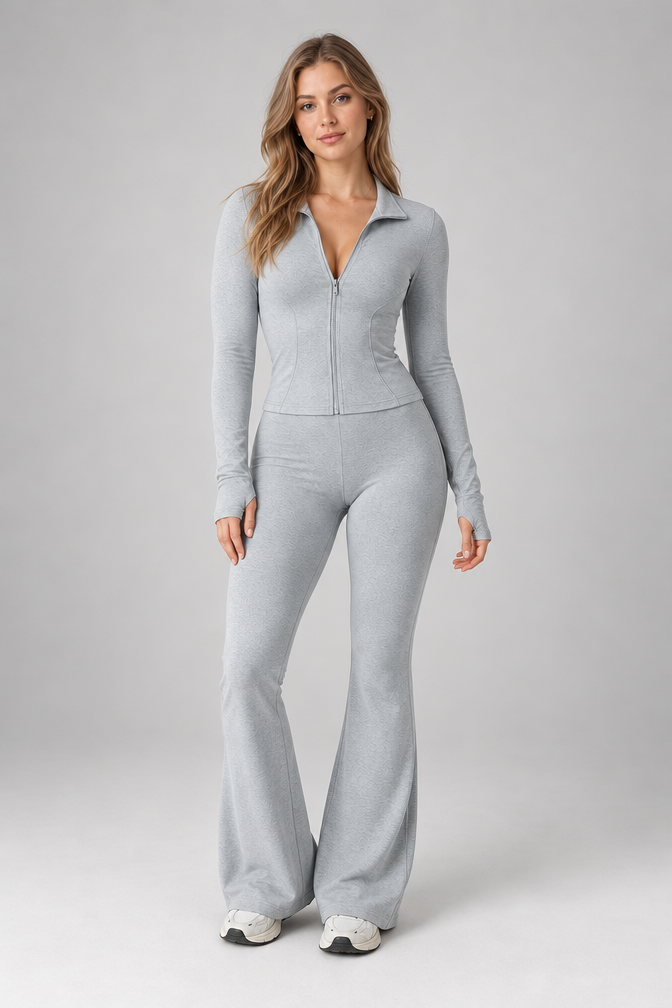 Women's Ribbed Zip Top and Flared Trousers Set — Grey