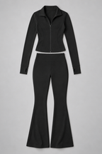 Women's Ribbed Zip Top and Flared Trousers Set — Black