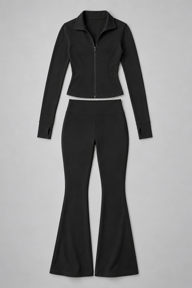 Women's Ribbed Zip Top and Flared Trousers Set — Black