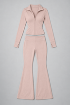 Women's Ribbed Zip Top and Flared Trousers Set — Pink