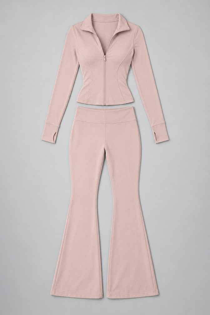 Women's Ribbed Zip Top and Flared Trousers Set — Pink