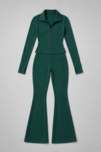 Women's Ribbed Zip Top and Flared Trousers Set — Dark Green