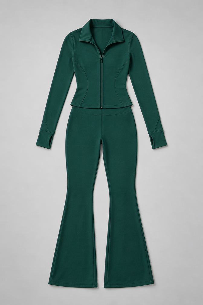 Women's Ribbed Zip Top and Flared Trousers Set — Dark Green