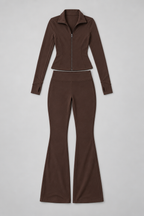 Women's Ribbed Zip Top and Flared Trousers Set — Coffee Colour