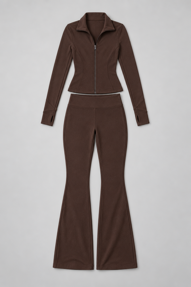 Women's Ribbed Zip Top and Flared Trousers Set — Coffee Colour