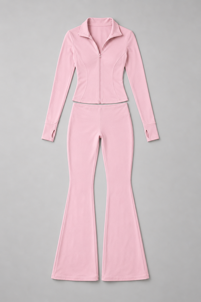 Women's Ribbed Zip Top and Flared Trousers Set — Light Pink