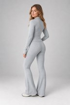 Women's Ribbed Zip Top and Flared Trousers Set — Grey