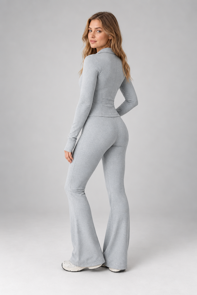 Women's Ribbed Zip Top and Flared Trousers Set — Grey