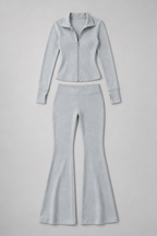 Women's Ribbed Zip Top and Flared Trousers Set — Grey