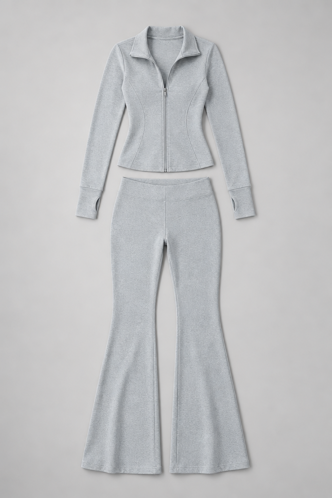 Women's Ribbed Zip Top and Flared Trousers Set — Grey
