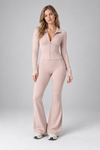 Women's Ribbed Zip Top and Flared Trousers Set — Pink
