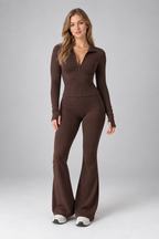 Women's Ribbed Zip Top and Flared Trousers Set — Coffee Colour