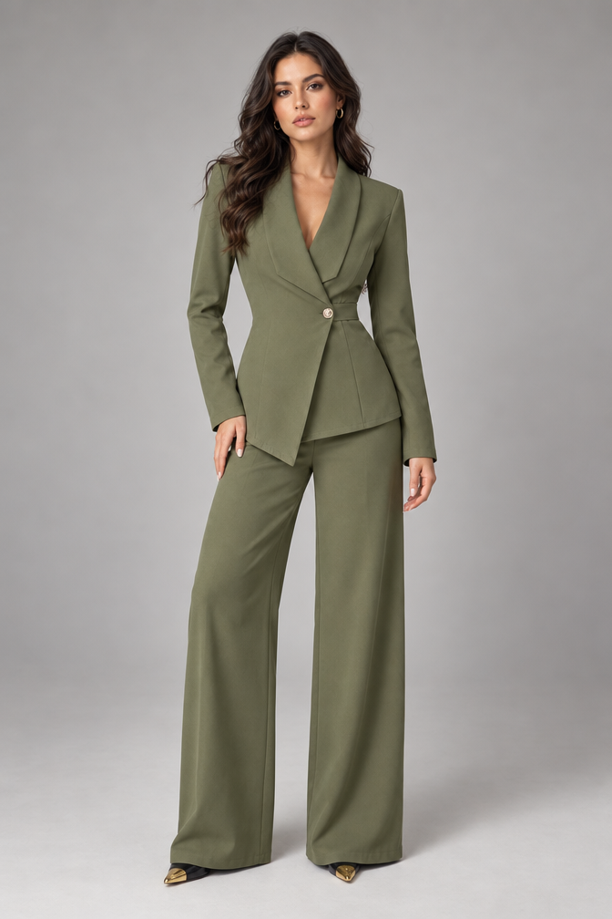 Suit – Women's Business Suit with Wide-Leg Trousers — Olive green