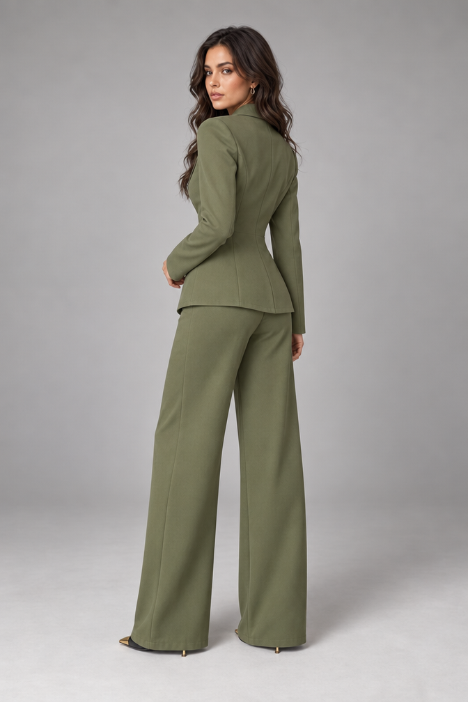 Suit – Women's Business Suit with Wide-Leg Trousers — Olive green