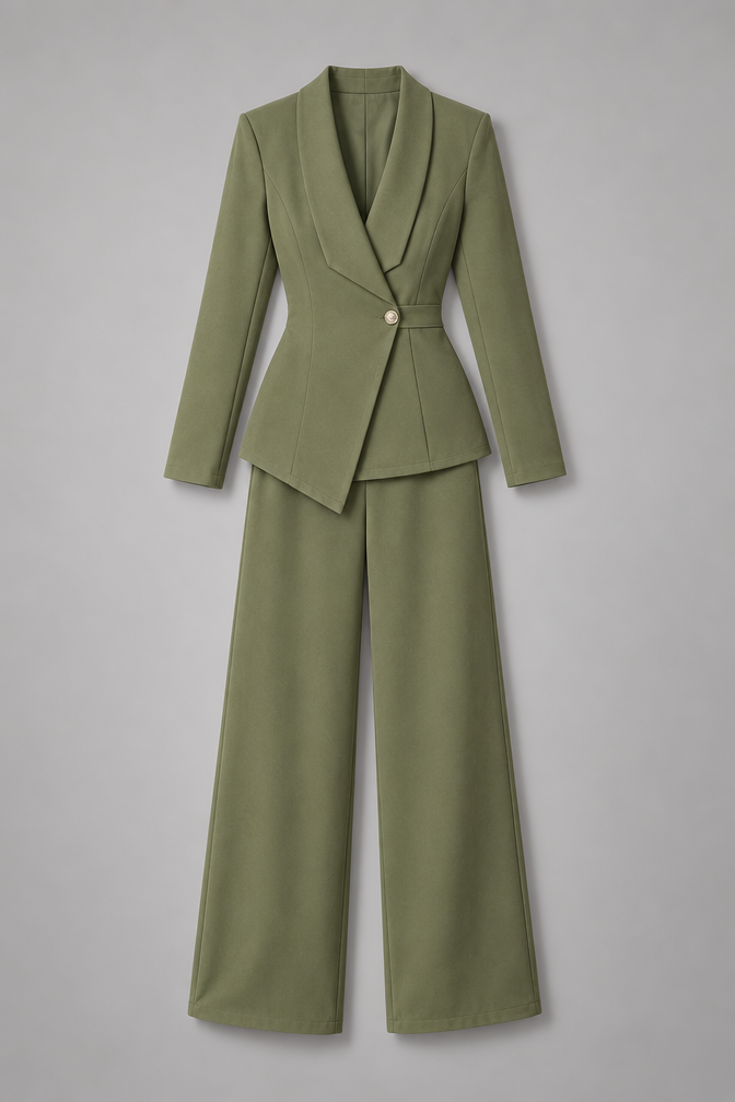 Suit – Women's Business Suit with Wide-Leg Trousers — Olive green